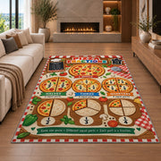 Pizza Portions Fraction Rug shown in a living room with a fireplace