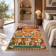 Pizza Portions Fraction Rug shown in a bedroom by a garden window