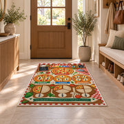 Pizza Portions Fraction Rug shown in an entryway near a wooden door