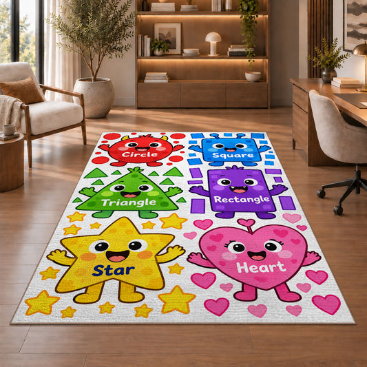 Smiling Shapes Preschool Rug shown beside a lounge chair and wooden shelving