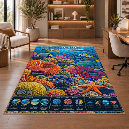 Coral Reef Ocean Rug shown beside a lounge chair and wooden shelving