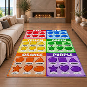 Rainbow Shapes Color Chart Rug shown in a living room with a fireplace