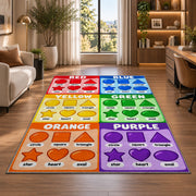 Rainbow Shapes Color Chart Rug shown near large windows and a sofa
