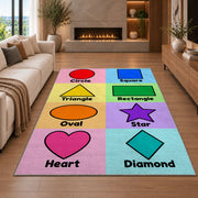 Pastel Shapes Learning Rug shown in a living room with a fireplace