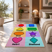 Pastel Shapes Learning Rug shown in a bedroom by a garden window