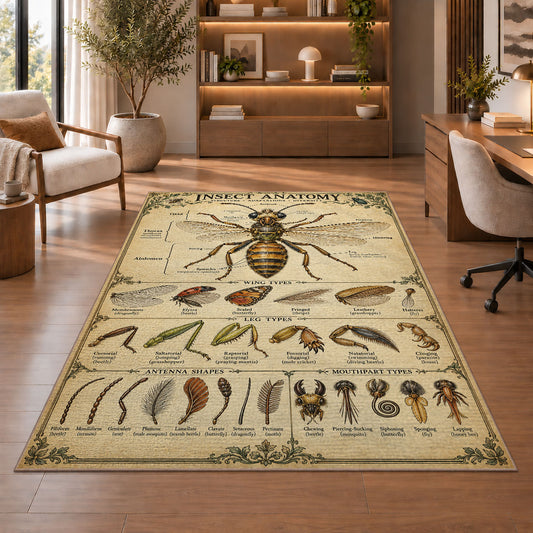 Vintage Insect Anatomy Rug shown beside a lounge chair and wooden shelving