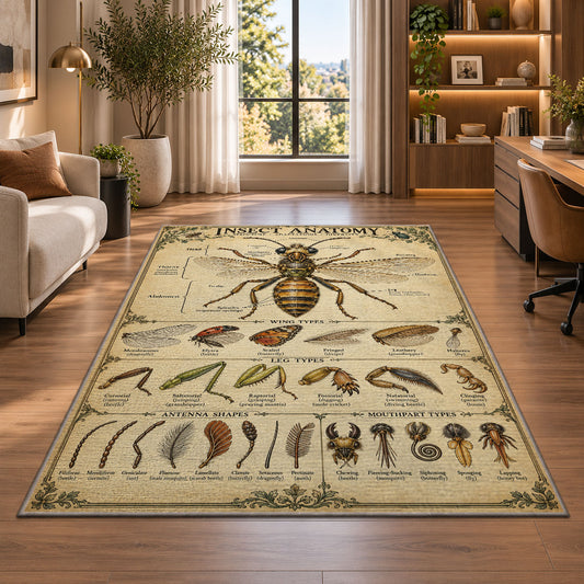 Vintage Insect Anatomy Rug shown near large windows and a sofa