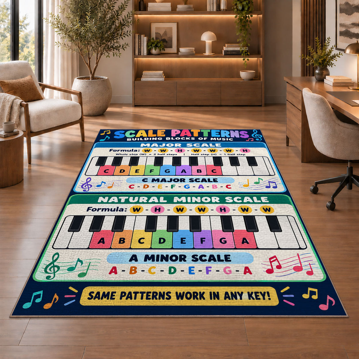Piano Scale Patterns Rug shown beside a lounge chair and wooden shelving