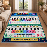 Piano Scale Patterns Rug shown beside a sofa in a bright living room