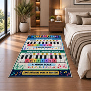 Piano Scale Patterns Rug shown beside a bed with neutral bedding