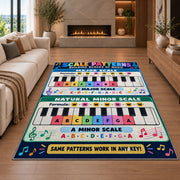 Piano Scale Patterns Rug shown in a living room with a fireplace