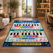 Piano Scale Patterns Rug shown near large windows and a sofa