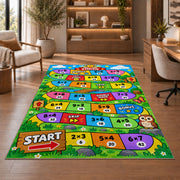 Multiplication Board Game Rug shown beside a lounge chair and wooden shelving