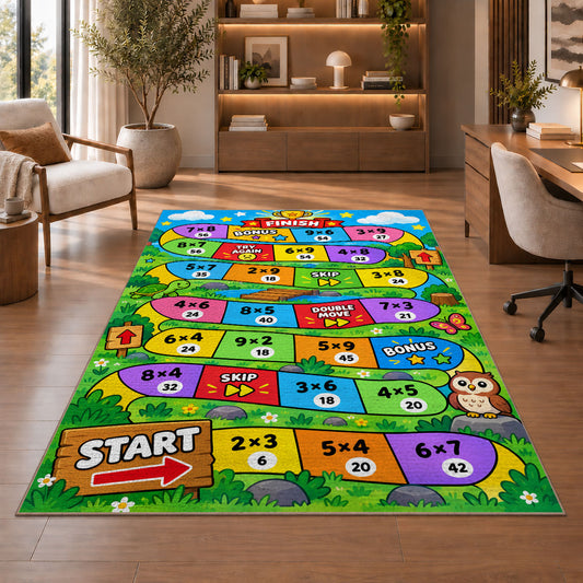 Multiplication Board Game Rug shown beside a lounge chair and wooden shelving