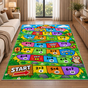 Multiplication Board Game Rug shown beside a sofa in a bright living room