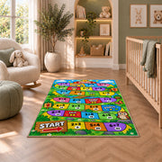 Multiplication Board Game Rug shown in a nursery with a cot and soft toys