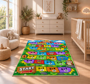 Multiplication Board Game Rug shown in a sunlit nursery beside a white cot