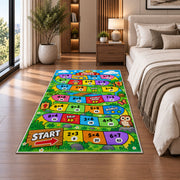Multiplication Board Game Rug shown beside a bed with neutral bedding
