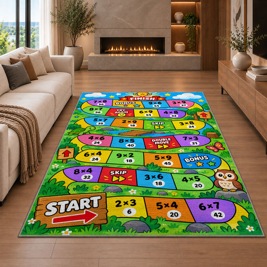 Multiplication Board Game Rug shown in a living room with a fireplace