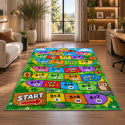 Multiplication Board Game Rug shown near large windows and a sofa