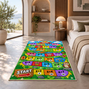 Multiplication Board Game Rug shown in a bedroom by a garden window