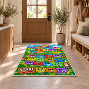 Multiplication Board Game Rug shown in an entryway near a wooden door