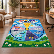 Weather Wheel Preschool Rug shown beside a lounge chair and wooden shelving