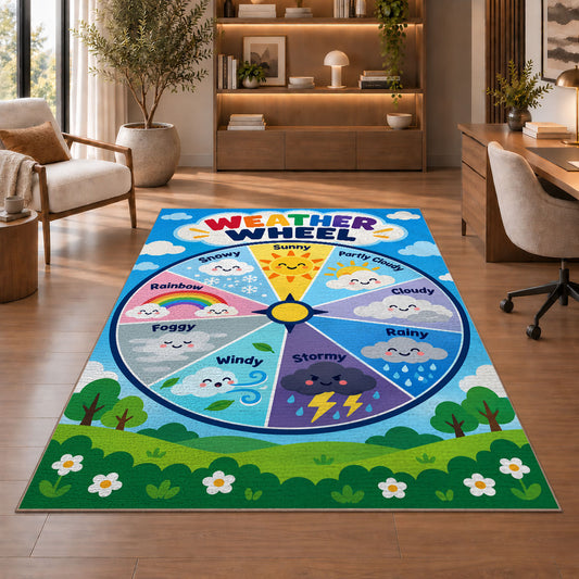Weather Wheel Preschool Rug shown beside a lounge chair and wooden shelving