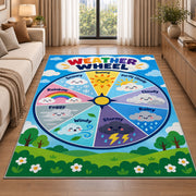 Weather Wheel Preschool Rug shown beside a sofa in a bright living room
