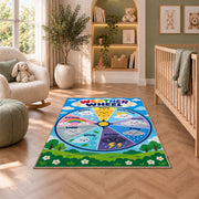 Weather Wheel Preschool Rug shown in a nursery with a cot and soft toys