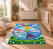 Weather Wheel Preschool Rug shown in a sunlit nursery beside a white cot
