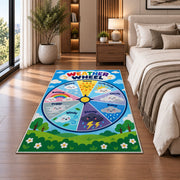 Weather Wheel Preschool Rug shown beside a bed with neutral bedding