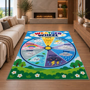 Weather Wheel Preschool Rug shown in a living room with a fireplace