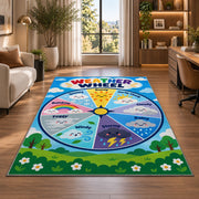 Weather Wheel Preschool Rug shown near large windows and a sofa