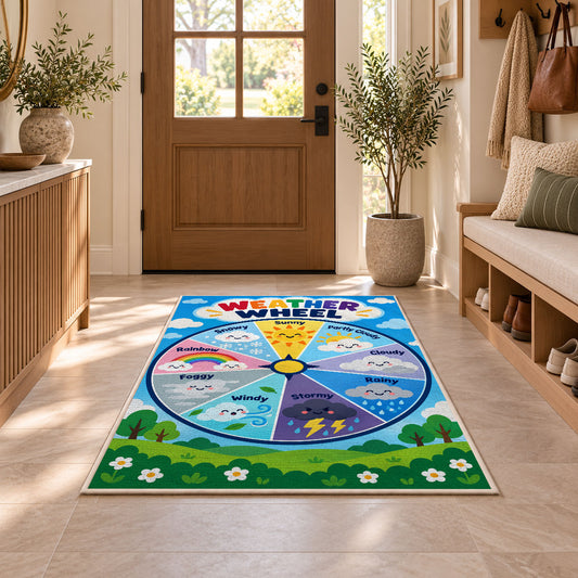 Weather Wheel Preschool Rug shown in an entryway near a wooden door