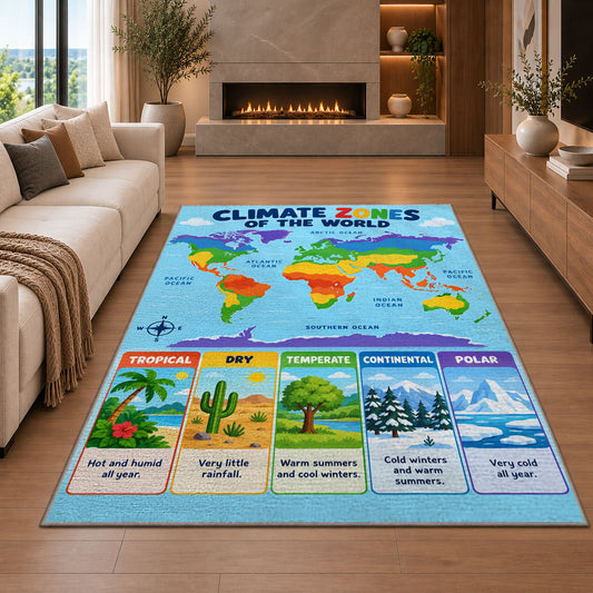 World Climate Zones Map Rug shown in a living room with a fireplace