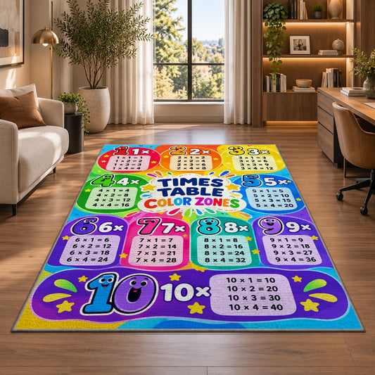 Rainbow Times Table Rug shown near large windows and a sofa