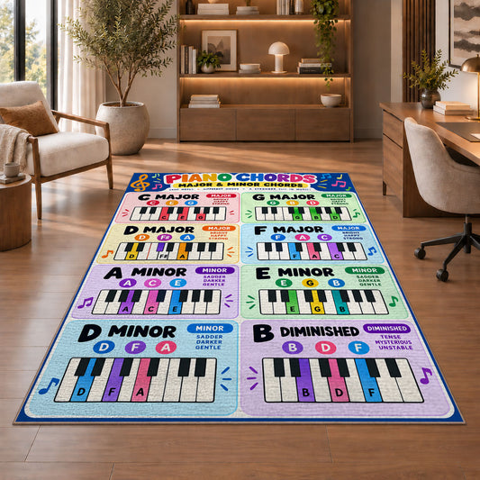 Piano Chord Chart Rug shown beside a lounge chair and wooden shelving