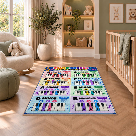 Piano Chord Chart Rug shown in a nursery with a cot and soft toys