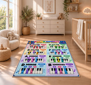 Piano Chord Chart Rug shown in a sunlit nursery beside a white cot