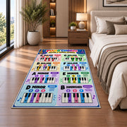Piano Chord Chart Rug shown beside a bed with neutral bedding