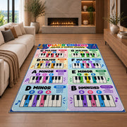 Piano Chord Chart Rug shown in a living room with a fireplace