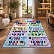 Piano Chord Chart Rug shown near large windows and a sofa