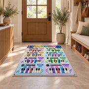 Piano Chord Chart Rug shown in an entryway near a wooden door