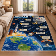 Moon Landing Journey Rug shown beside a sofa in a bright living room
