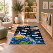 Moon Landing Journey Rug shown in a nursery with a cot and soft toys