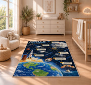 Moon Landing Journey Rug shown in a sunlit nursery beside a white cot