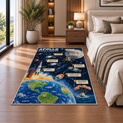 Moon Landing Journey Rug shown beside a bed with neutral bedding