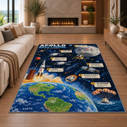 Moon Landing Journey Rug shown in a living room with a fireplace