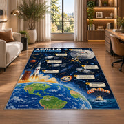 Moon Landing Journey Rug shown near large windows and a sofa